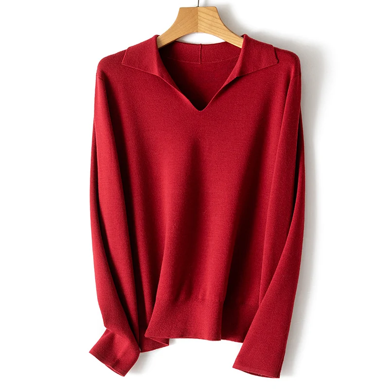 Damen feiner leichter V-Ausschnitt-Pullover mit offenem Hemdkragen und legerer Silhouette Nord Taschen