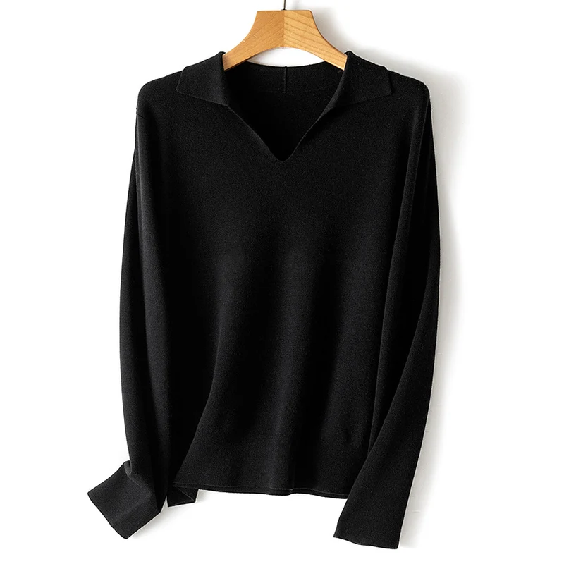 Damen feiner leichter V-Ausschnitt-Pullover mit offenem Hemdkragen und legerer Silhouette Nord Taschen