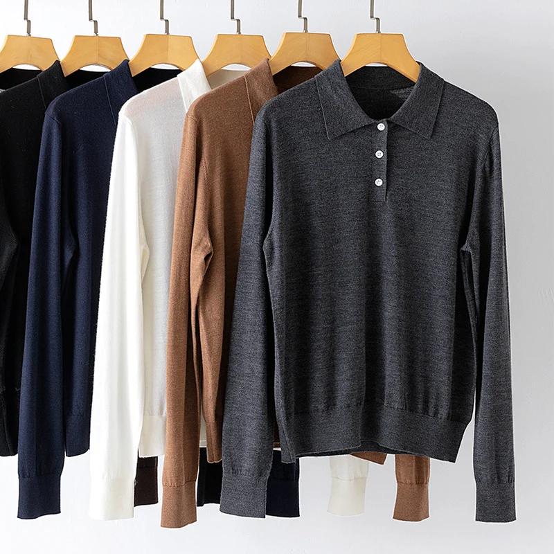 Damen Feiner Langarm-Polo-Pullover aus Feinstrick mit Knopfleiste Nord Taschen