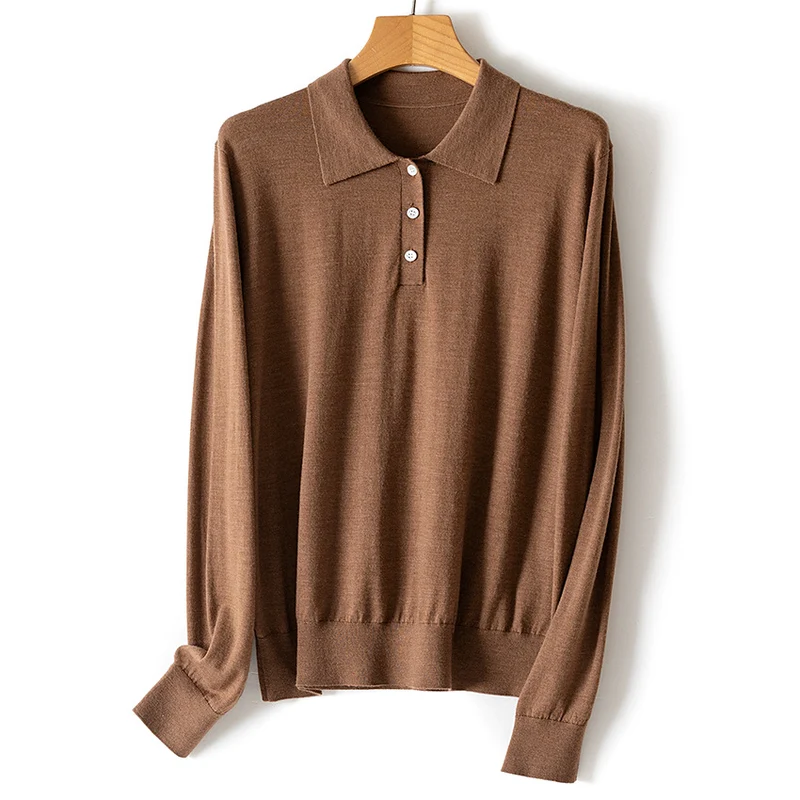 Damen Feiner Langarm-Polo-Pullover aus Feinstrick mit Knopfleiste Nord Taschen