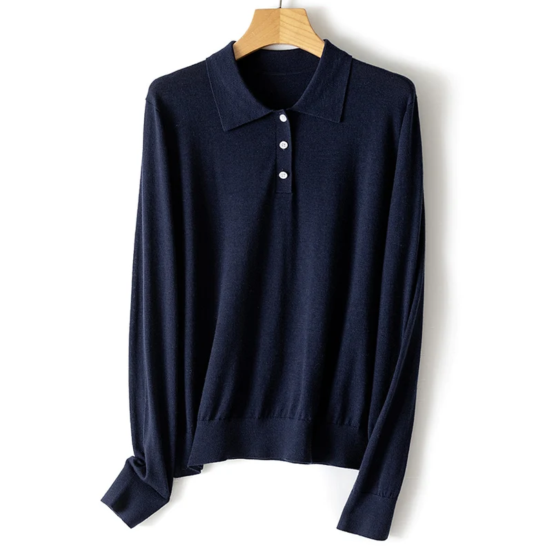 Damen Feiner Langarm-Polo-Pullover aus Feinstrick mit Knopfleiste Nord Taschen