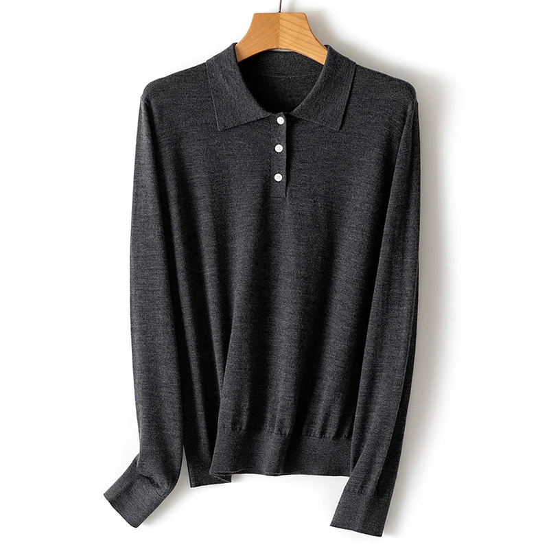 Damen Feiner Langarm-Polo-Pullover aus Feinstrick mit Knopfleiste Nord Taschen