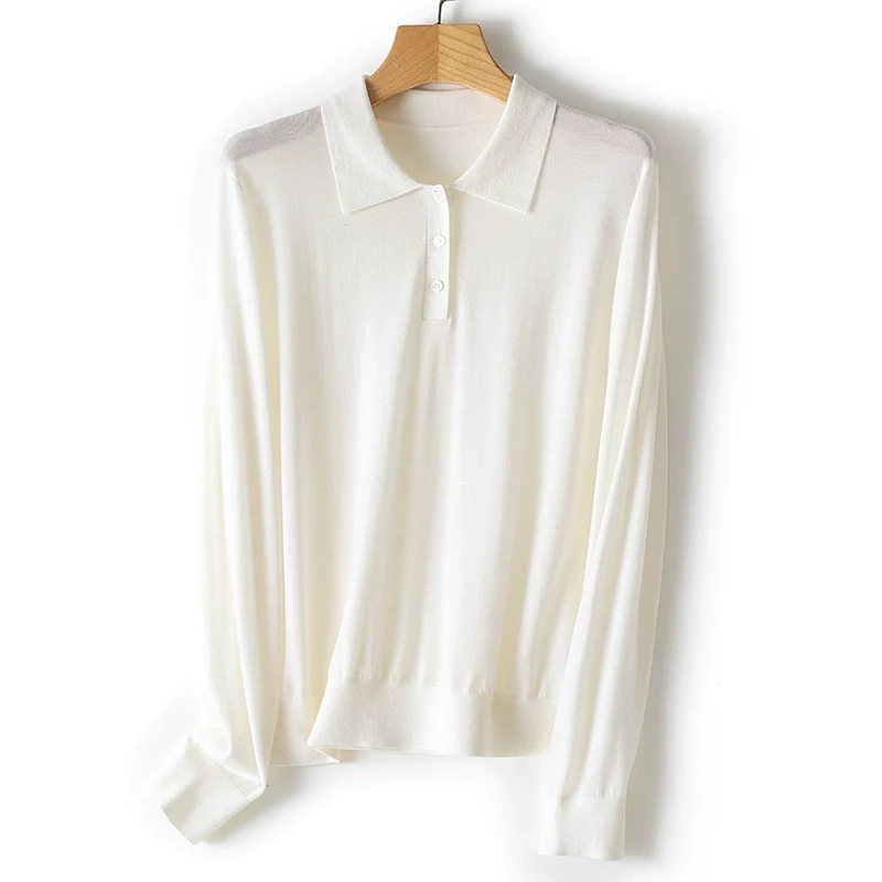Damen Feiner Langarm-Polo-Pullover aus Feinstrick mit Knopfleiste Nord Taschen