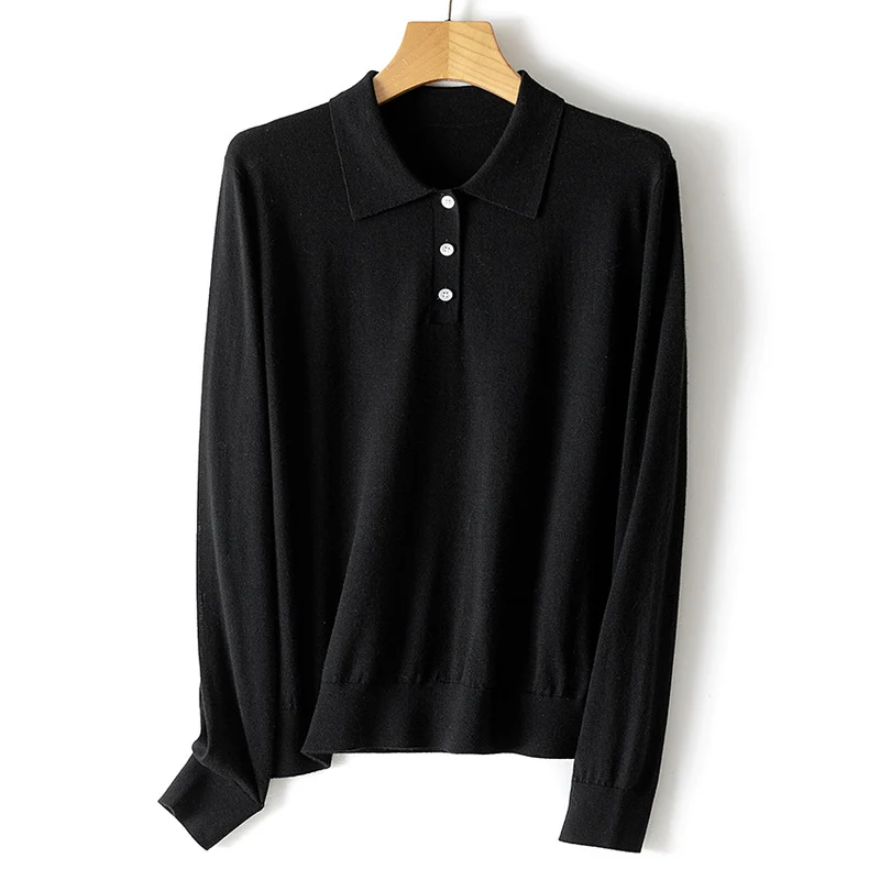 Damen Feiner Langarm-Polo-Pullover aus Feinstrick mit Knopfleiste Nord Taschen