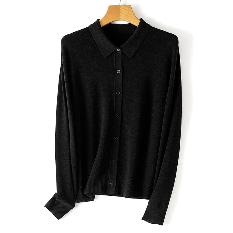 Damen Feiner Knopfcardigan mit Hemdkragen und feinem Feinstrick Nord Taschen