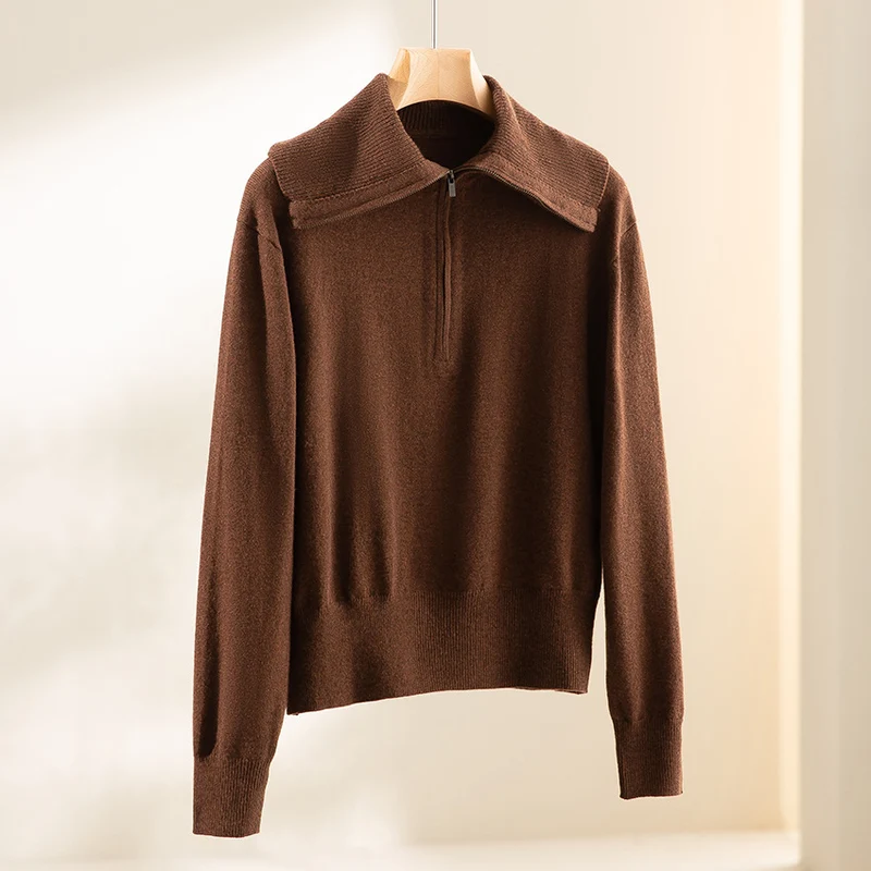 Damen Feiner Half-Zip-Pullover mit großzügigem Umschlagkragen und slimem Schnitt Nord Taschen