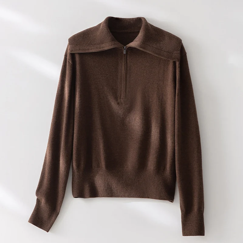 Damen Feiner Half-Zip-Pullover mit großzügigem Umschlagkragen und slimem Schnitt Nord Taschen