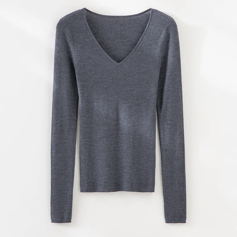 Damen Feiner gerippter Feinstrickpullover mit V-Ausschnitt und taillierter Silhouette Nord Taschen