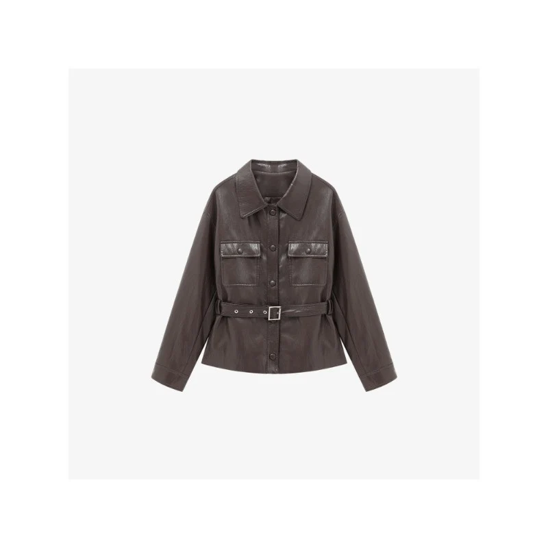 Damen Lederjacke im Oversize-Utility-Stil mit Taillengürtel Nord Taschen