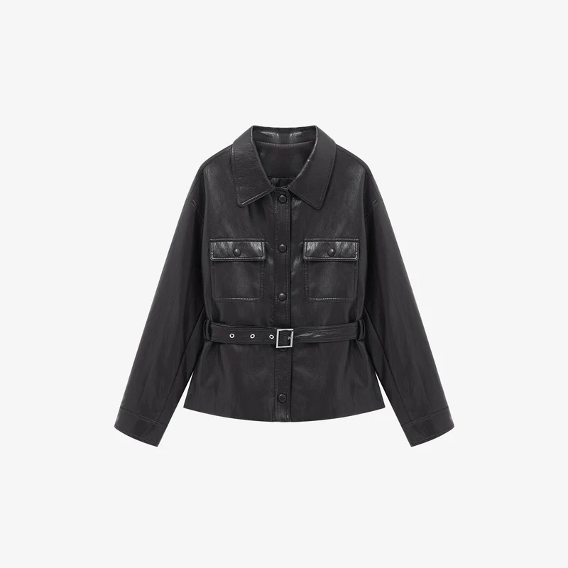 Damen Lederjacke im Oversize-Utility-Stil mit Taillengürtel Nord Taschen