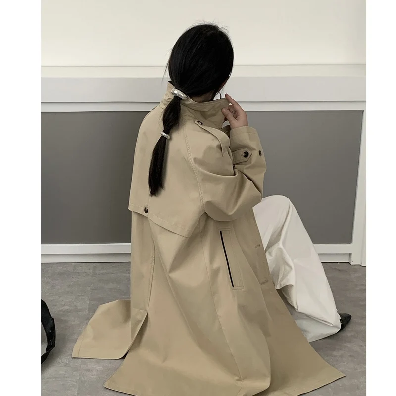 Damen Langer Wasserabweisender Trenchcoat mit Rückencape und Stehkragen Nord Taschen