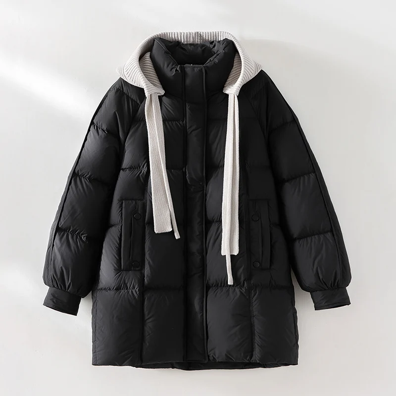 Damen wattierte Steppjacke mit Kapuze Rippkragen weitem Schnitt und Midilänge Nord Taschen