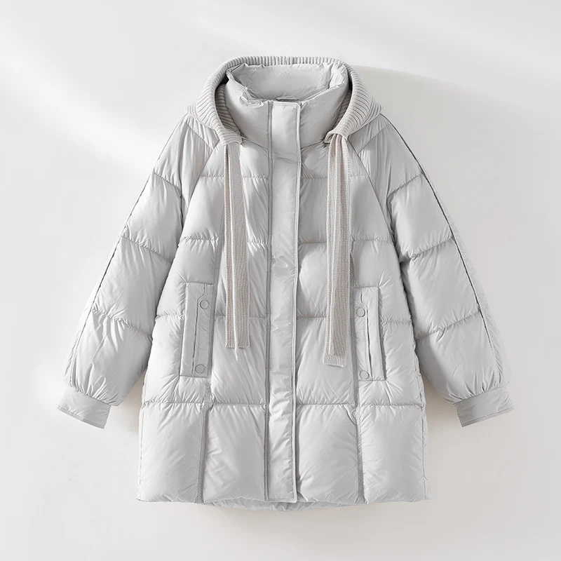 Damen wattierte Steppjacke mit Kapuze Rippkragen weitem Schnitt und Midilänge Nord Taschen