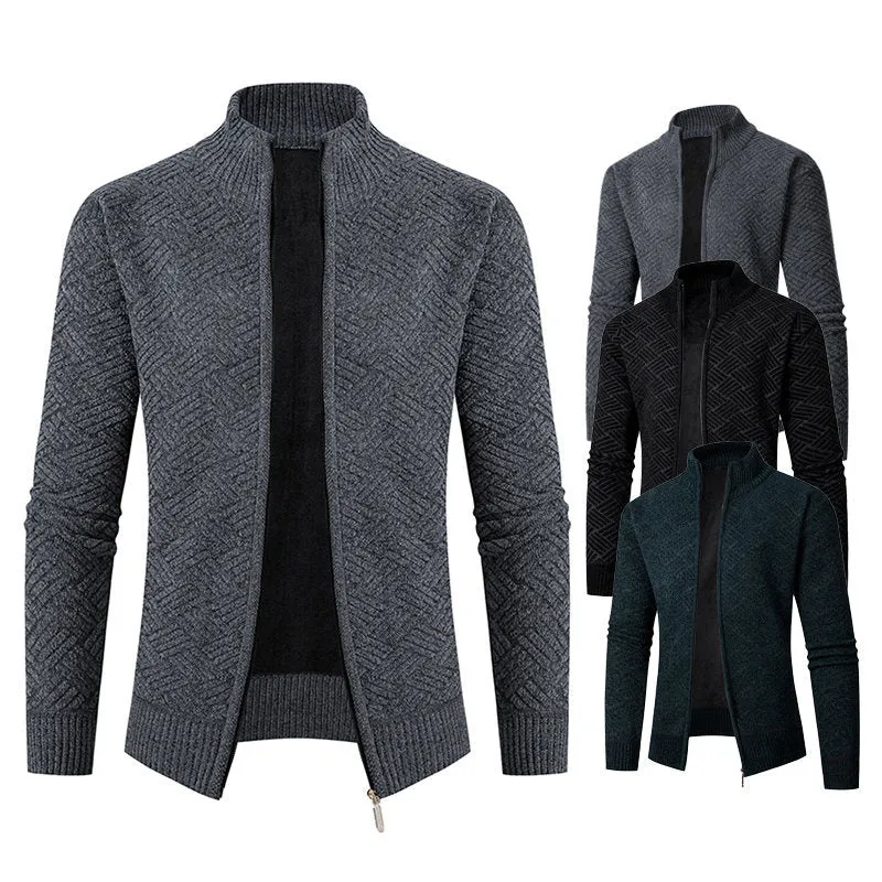Herren Thermo-Strickjacke mit durchgehendem Reißverschluss, gefüttertem Stehkragen und geometrischem Strukturmuster Nord Taschen