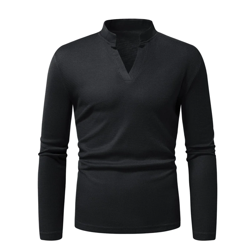 Herren Thermisches Waffel-Strickshirt mit Stehkragen und V‑Ausschnitt Nord Taschen
