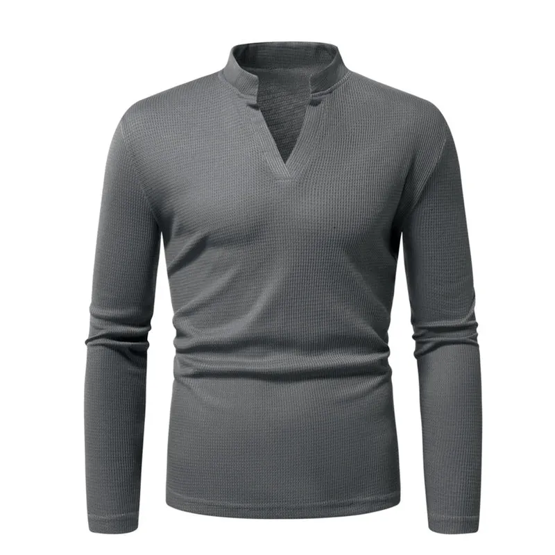 Herren Thermisches Waffel-Strickshirt mit Stehkragen und V‑Ausschnitt Nord Taschen