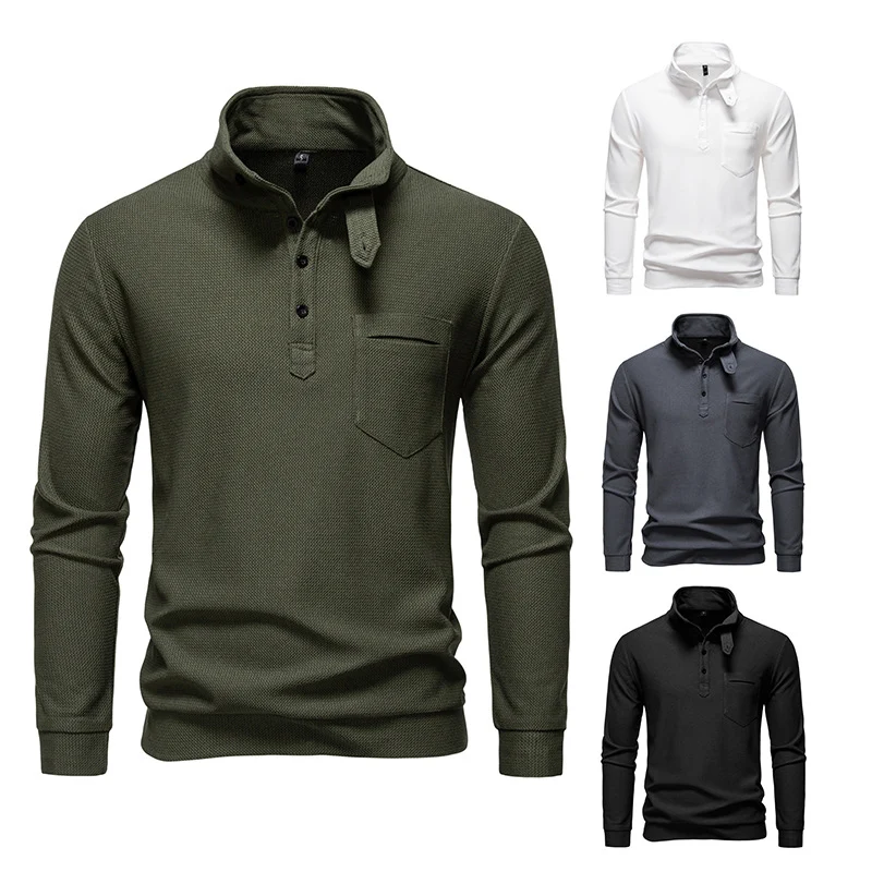 Herren Texturiertes Waffelstrick-Henleyshirt mit hohem Kragen, Knopfleiste und Brusttasche Nord Taschen
