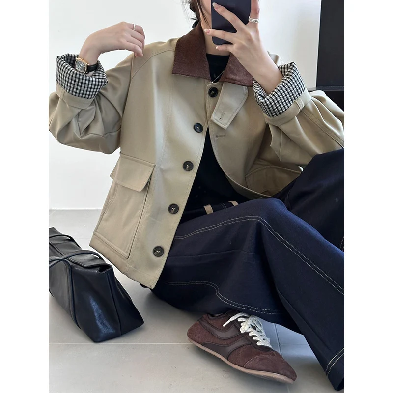 Damen Boxy Übergangsjacke mit Cordkragen und großen Pattentaschen Nord Taschen