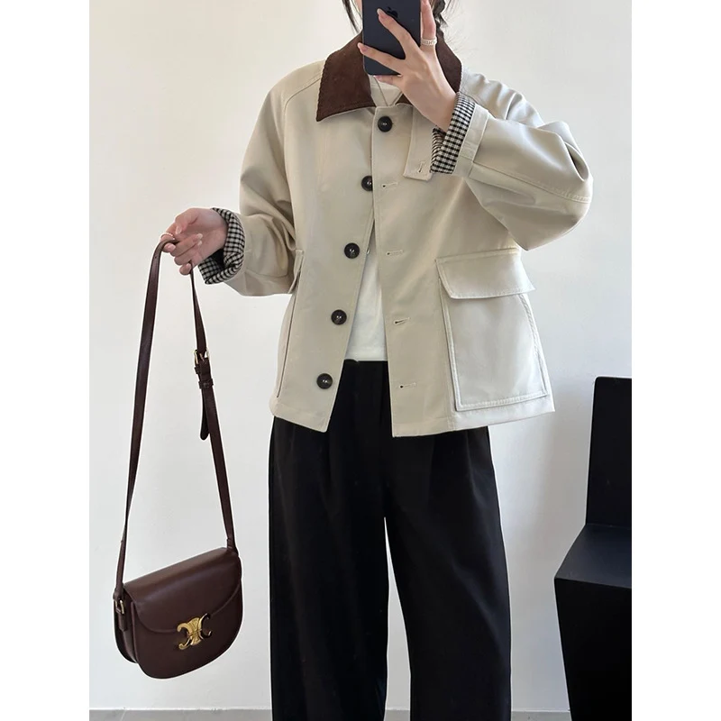 Damen Boxy Übergangsjacke mit Cordkragen und großen Pattentaschen Nord Taschen