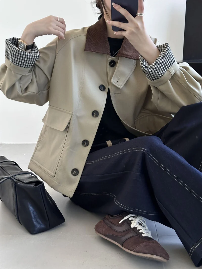 Damen Boxy Übergangsjacke mit Cordkragen und großen Pattentaschen Nord Taschen