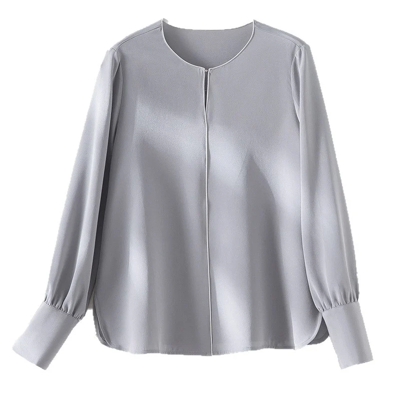 Damen Elegante seidenähnliche Bluse mit Kontrastpaspel und verlängerten Manschetten Nord Taschen