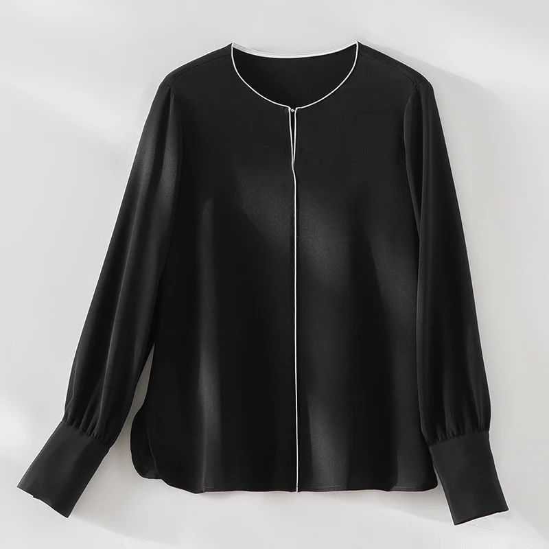 Damen Elegante seidenähnliche Bluse mit Kontrastpaspel und verlängerten Manschetten Nord Taschen
