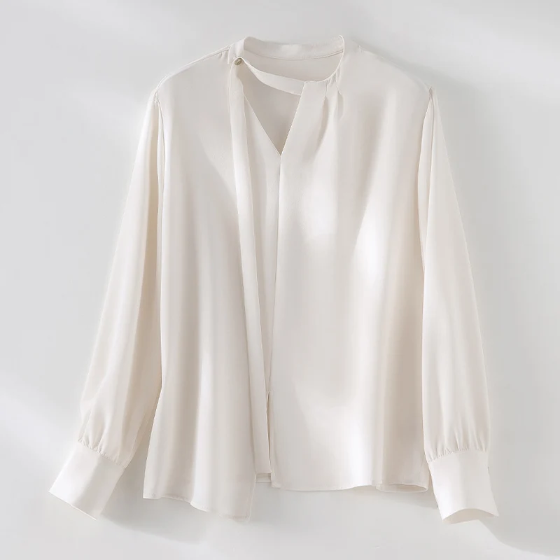 Damen elegante oversized Bluse mit asymmetrischem V-Ausschnitt und Manschetten Nord Taschen