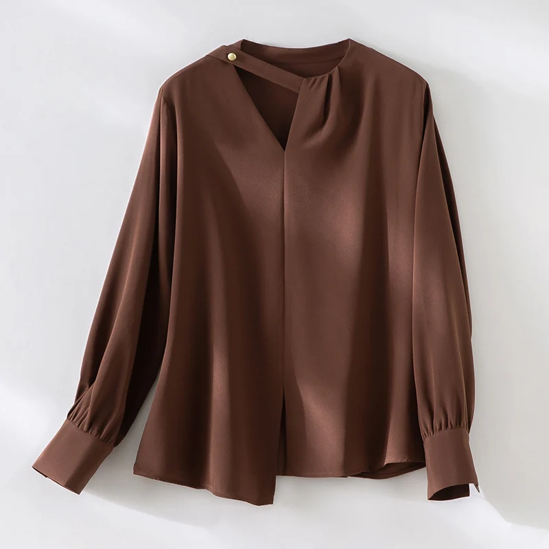 Damen elegante oversized Bluse mit asymmetrischem V-Ausschnitt und Manschetten Nord Taschen