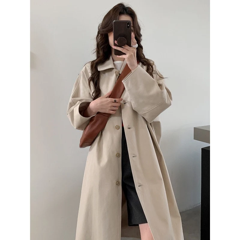 Damen Langer Oversize-Mantel im Trenchstil mit weitem Schnitt und klassischem Revers Nord Taschen