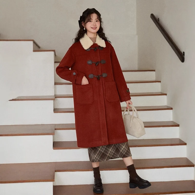 Damen Langer Duffle‑Mantel mit Teddykragen, Knebelverschlüssen und aufgesetzten Taschen Nord Taschen