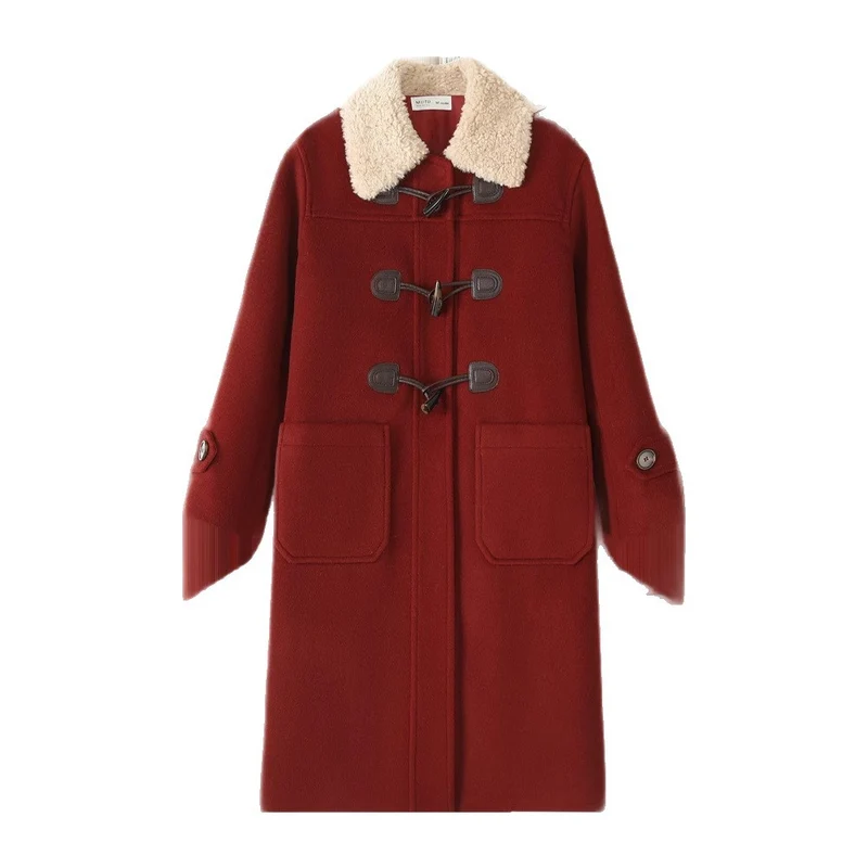 Damen Langer Duffle‑Mantel mit Teddykragen, Knebelverschlüssen und aufgesetzten Taschen Nord Taschen