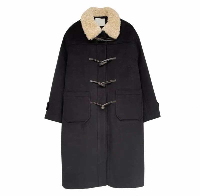 Damen Langer Duffle‑Mantel mit Teddykragen, Knebelverschlüssen und aufgesetzten Taschen Nord Taschen