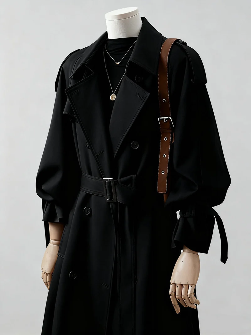 Damen langer doppelreihiger Trenchcoat mit Schulterklappen und Taillengürtel Nord Taschen