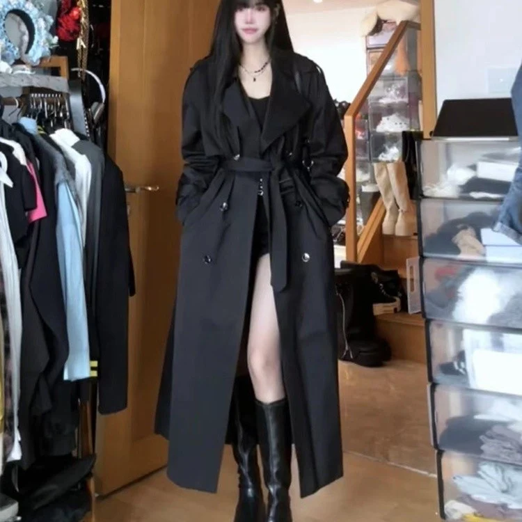 Damen Langer Doppelreihiger Trenchcoat mit Schalkragen, Oversize-Schnitt und verdecktem Taillenband Nord Taschen