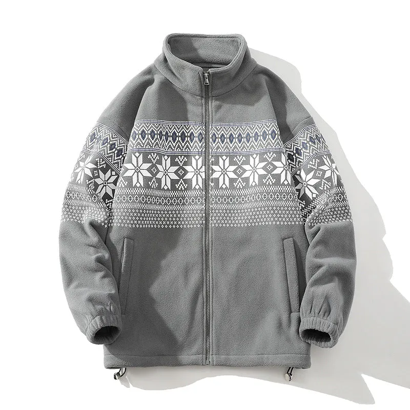 Unisex Norwegermuster-Fleecejacke mit Stehkragen, durchgehendem Reißverschluss und Kordelzug Nord Taschen