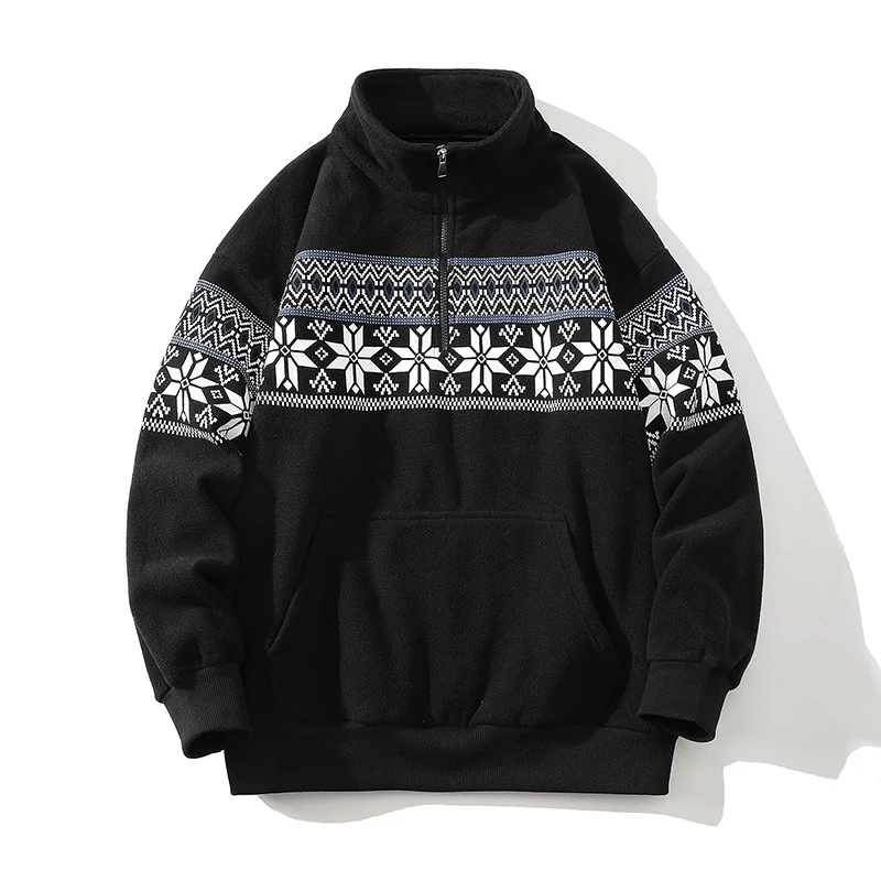 Unisex Norwegermuster-Fleecejacke mit Stehkragen, durchgehendem Reißverschluss und Kordelzug Nord Taschen