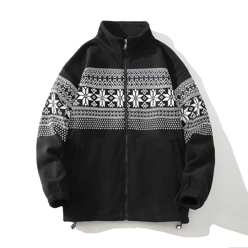 Unisex Norwegermuster-Fleecejacke mit Stehkragen, durchgehendem Reißverschluss und Kordelzug Nord Taschen