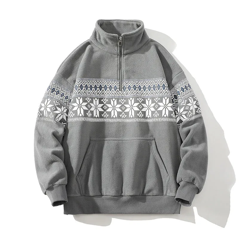 Unisex Norwegermuster-Fleecejacke mit Stehkragen, durchgehendem Reißverschluss und Kordelzug Nord Taschen