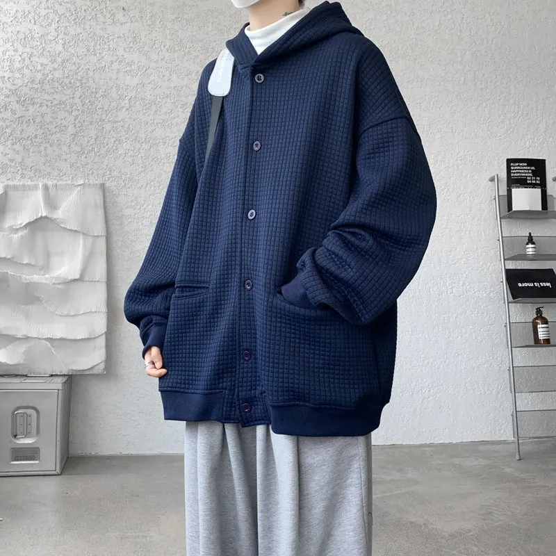 Herren Oversize-Stepp-Kapuzenjacke mit Waffelstruktur, Knopfleiste und Eingrifftaschen Nord Taschen