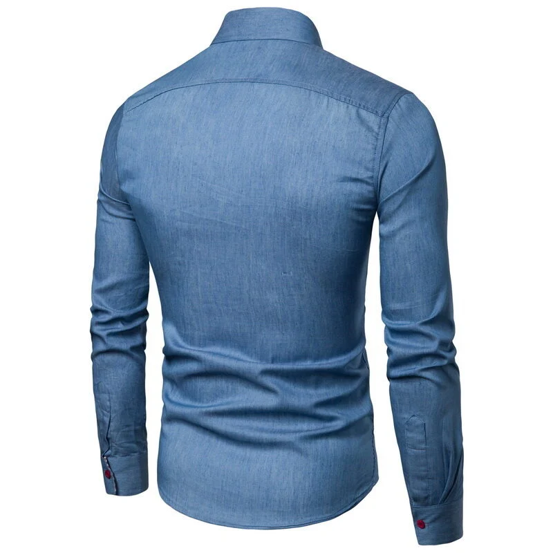Herren Slim-Fit Stretch-Denimhemd mit Karoinnenkragen und dekorativer Brustleiste Nord Taschen