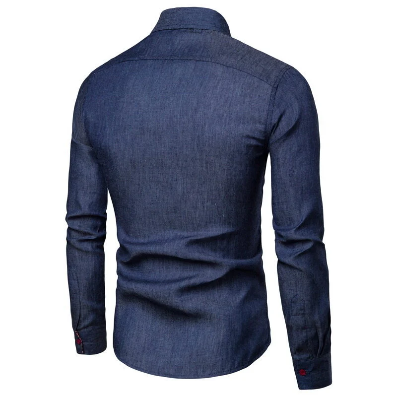 Herren Slim-Fit Stretch-Denimhemd mit Karoinnenkragen und dekorativer Brustleiste Nord Taschen
