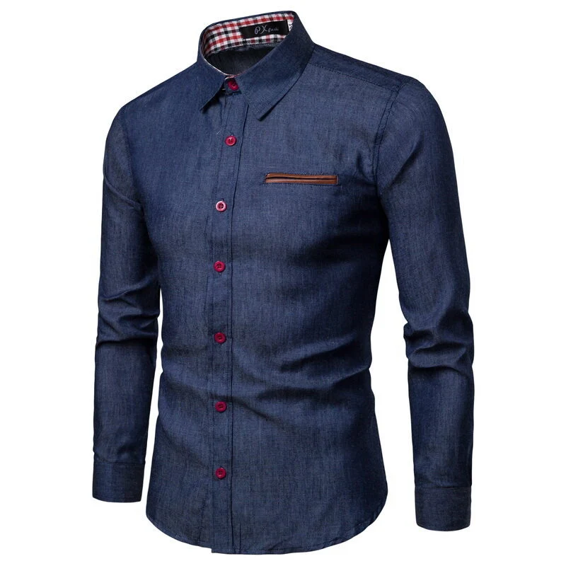 Herren Slim-Fit Stretch-Denimhemd mit Karoinnenkragen und dekorativer Brustleiste Nord Taschen