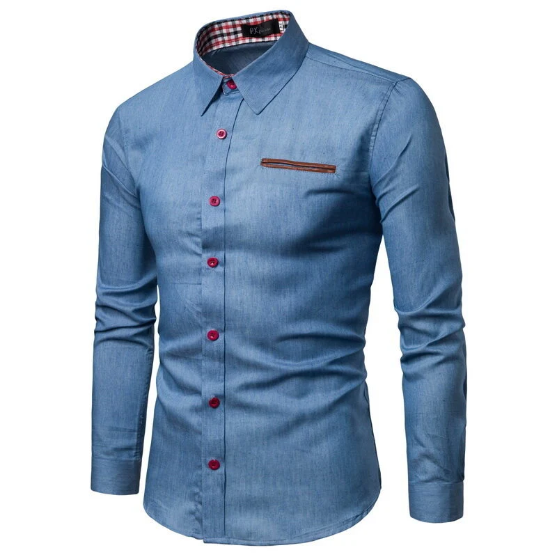 Herren Slim-Fit Stretch-Denimhemd mit Karoinnenkragen und dekorativer Brustleiste Nord Taschen