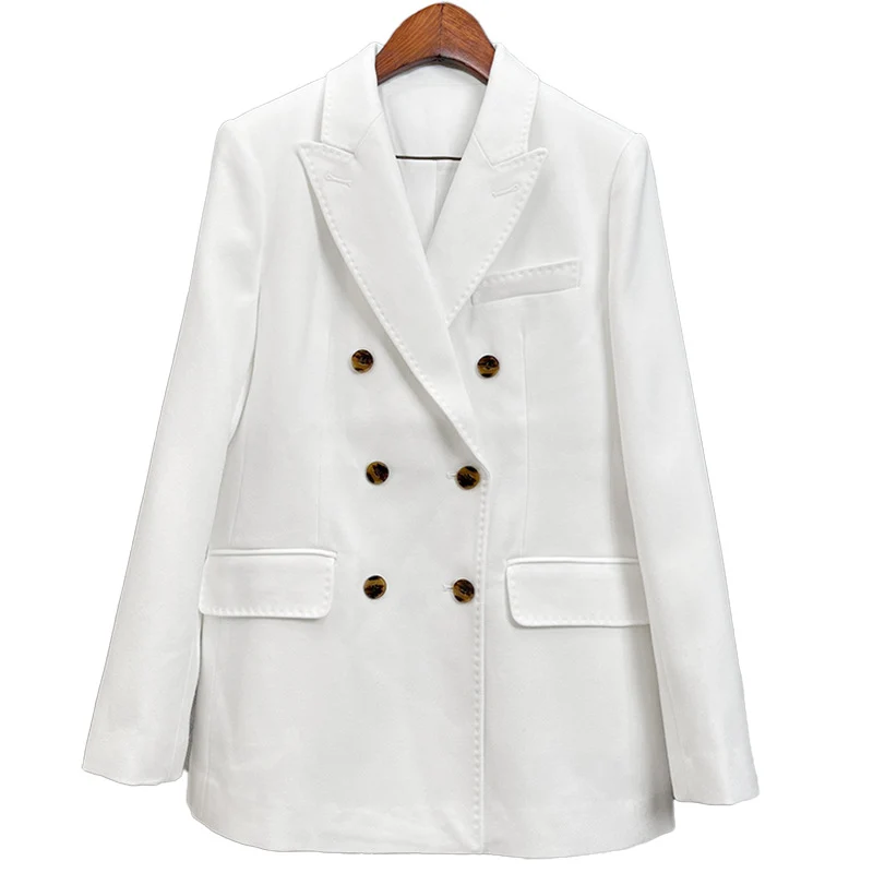 Damen Doppelreihiger taillierter Wollblazer mit Struktur und verstärkten Schultern Nord Taschen