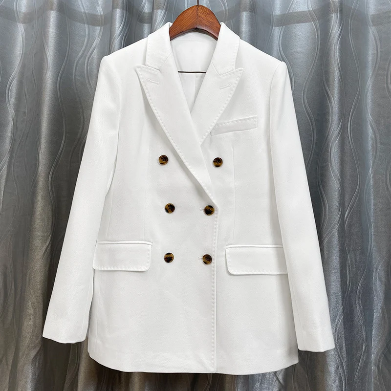 Damen Doppelreihiger taillierter Wollblazer mit Struktur und verstärkten Schultern Nord Taschen