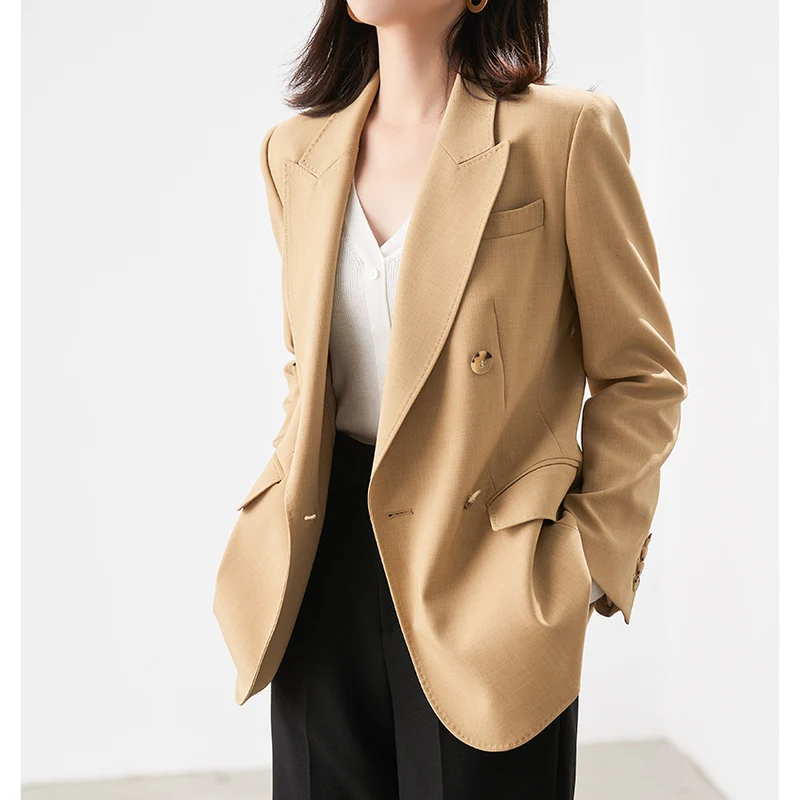 Damen Doppelreihiger strukturierter Blazer mit markantem Revers und Pattentaschen Nord Taschen