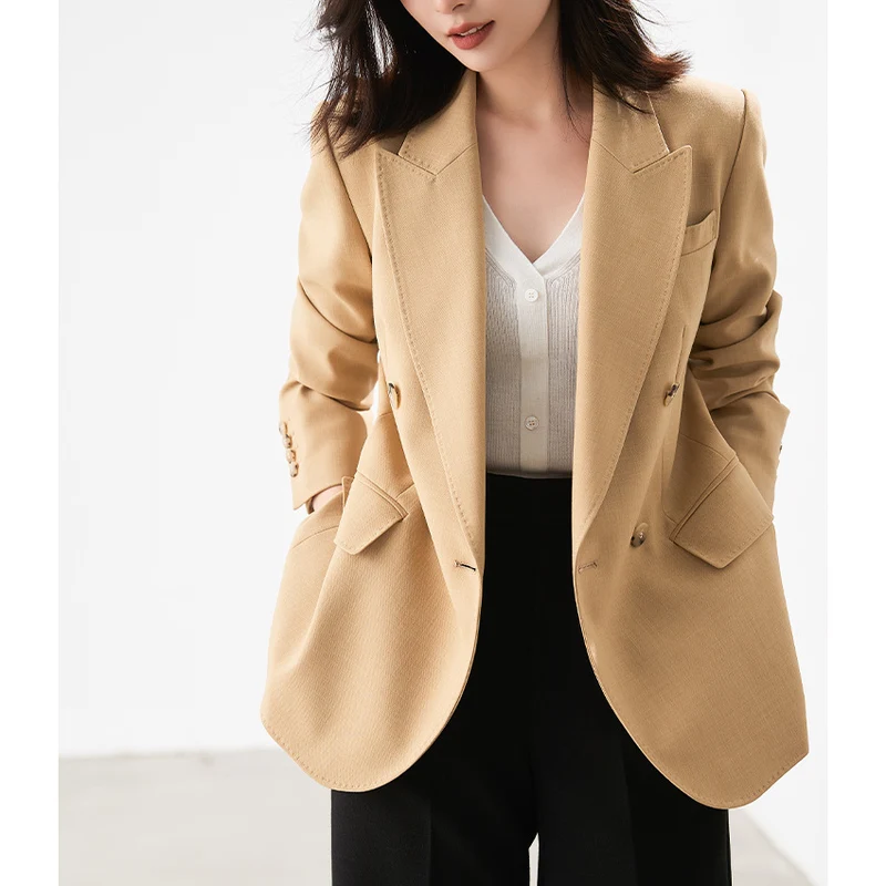 Damen Doppelreihiger strukturierter Blazer mit markantem Revers und Pattentaschen Nord Taschen