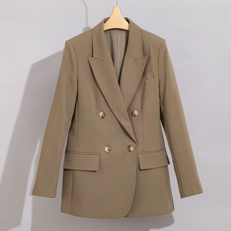 Damen Doppelreihiger strukturierter Blazer mit markantem Revers und Pattentaschen Nord Taschen
