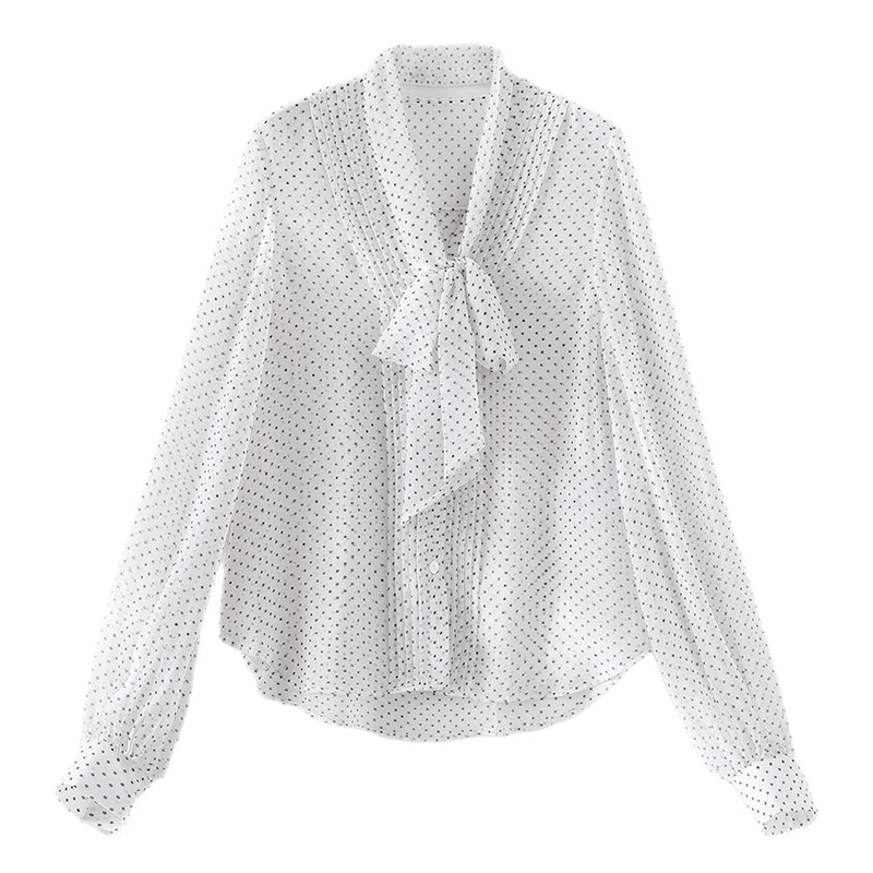 Damen Chiffon-Bluse mit Schleifenkragen, Pünktchenmuster und Biesen-Detail Nord Taschen