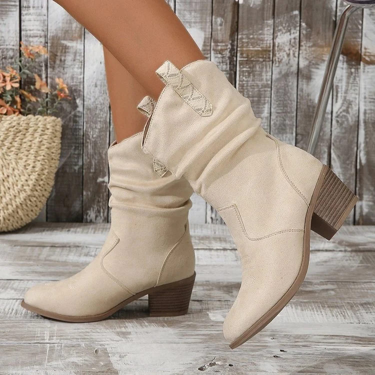 Damen Cowboy-Stiefeletten mit mittlerem Blockabsatz und gerafftem Schaft Nord Taschen